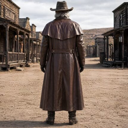 Rugged Old West cowboy wearing a full-length brown leather duster coat with cowboy hat standing in front of a vintage Western saloon.