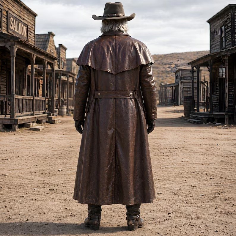 Rugged Old West cowboy wearing a full-length brown leather duster coat with cowboy hat standing in front of a vintage Western saloon.